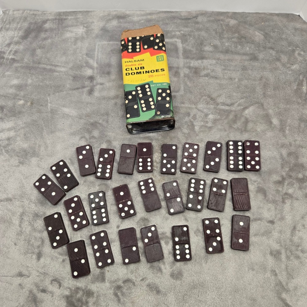 Vintage Halsam Double Six Club Dominoes Set No 100 Fleur-de-Lis Brown 27 Pieces